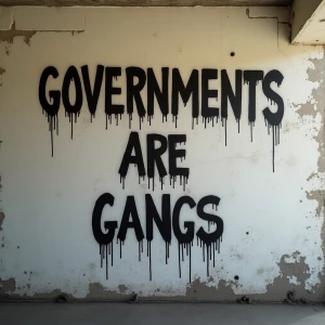 An eerie and uncomfortable vandalized wall that says “GOVERNMENTS ARE GANGS” with some fire