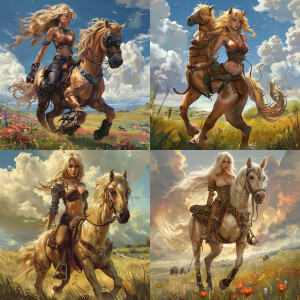 hybrid centaur woman with blonde hair, wearing leather top on up...