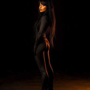 A 25-year-old Indian woman featuring long black hair and grey ey...