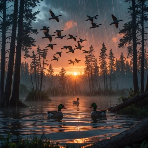as the sun rises and mallards are raining in, breaking through t...