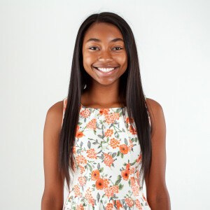 A cute woman

Smiling 

Clothes: Floral Dress

Looks Clean & Mod...