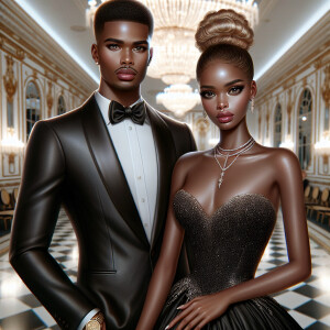 A light skin African American couple at a fancy ballroom event....