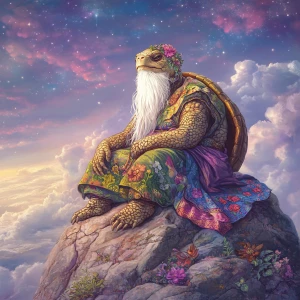 An enchanting, wise turtle sage, anthropomorphic in form, seated...
