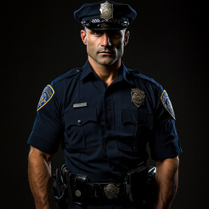 Create an image of a Caucasian, middle-aged male police officer,...