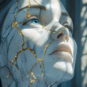 A Woman's Face Sculpted from Carrara Marble, veins of shimmering...