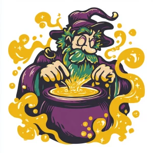 cartoon wizard character stirring bubbling cauldron of coffee wi...