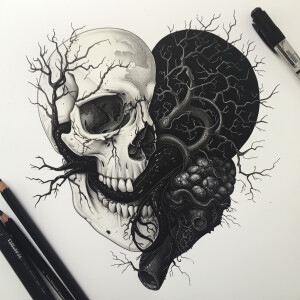 Show me detailed ornate pictures of a heart with skull siloute