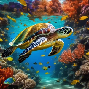 A colorful underwater scene featuring a school of fish weaving through a forest of coral, with a sea turtle gliding overhead.