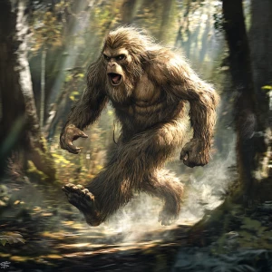 A humanoid looking haircovered sasquatch running fast through th...