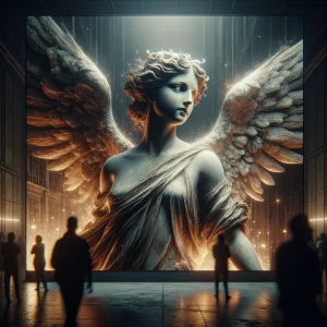 In the dimly lit virtual art gallery, a baroque divine figure st...