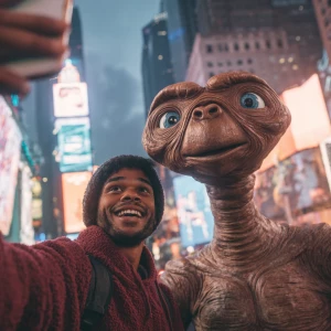 Create an image of a man taking a selfie with a life-sized, real...
