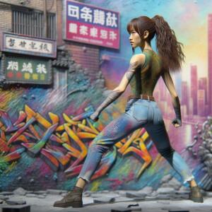 Athletic Thin skinny Attractive, Asian teenage girl, long brown hair and bangs, wearing tight skinny jeans and a halter top paint marks on her clothing, heroic pose Asian graffiti background, backside view