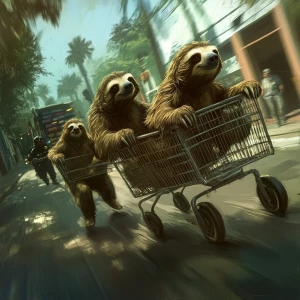 Sloths slerf meme..riding in a shopping cart being chased by cop...