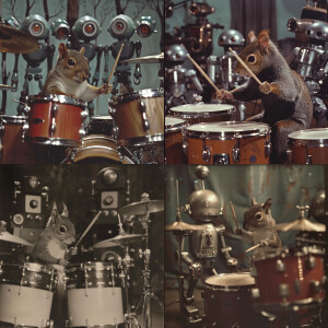 Old grainy film footage of squirrel playing the drums for group...