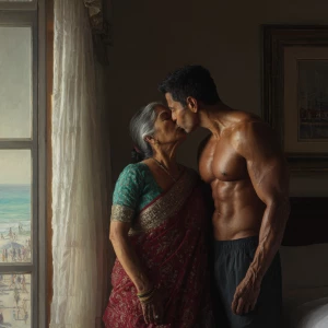 Hyperrealism painting.a muscular sweaty indian  man  standing an...