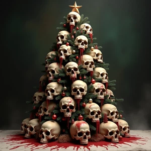 A Christmas tree constructed entirely from human skulls, adorned...