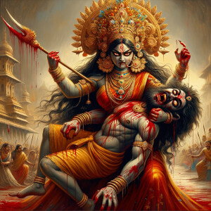 portrait of angry looking goddess durga  carrying a weak mahishasur in her arms and poking him with her amazingly long red fingernails. She is wearing a huge gold crown, red saree, abundant  gold jewelry, covered in blood. The scene is set in ancient India. The image is 8K resolution, cinematic, ultra detailed face and epic.