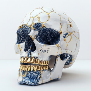 Hyper-realistic 3D rendering of a fragmented human skull crafted...