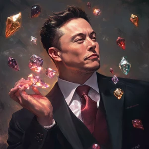 Elon Musk,With a bunch of gems and holding a chart, GTA style