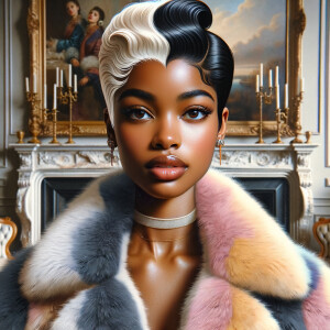 a full body veiw of a colorful gloss hyper realistic oil painting of a regal beautiful light skinned afro  American girlwith beautiful pixie cut one side of hair is black and the other side  of her hair white slick baby hair and furry white and pink and blue furry coat and outfit under the coat standing in living room with fireplace