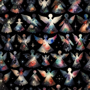 A black background with watercolor designs scattered around, sca...
