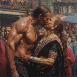 Hyperrealism photo painting. a muscular, sweaty criminal kashmir...