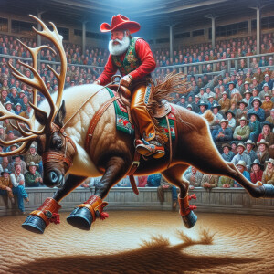 A hyperrealistic oil painting of a reindeer rodeo. Santa is dres...