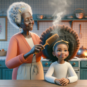 Create a realistic 3-D image of an african-American grandmother in the kitchen with her african-American granddaughter. The grandmother has a hot comb in her hair and she is straightening her granddaughters hair. One side of her granddaughters hair is in  a Afro the other is bone straight 
There is smoke coming from the hot comb