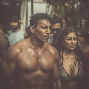 a muscular beefy indian man walking ,with his sweaty indian 54 y...