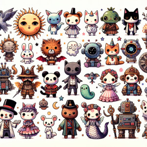 Create character illustrations of various tiny cute and adorable...