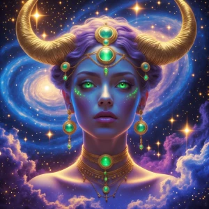 Create an image of a Taurus goddess with green eyes and head jew...