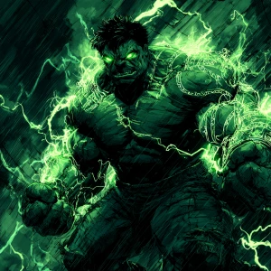 Graphic-style full-body illustration of the Incredible Hulk, sta...