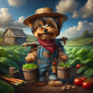 a rustic farmer yorkie, with a worn straw hat and a bushy whiske...