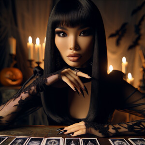 Create a half-body portrait of a medium-built Asian woman embody...