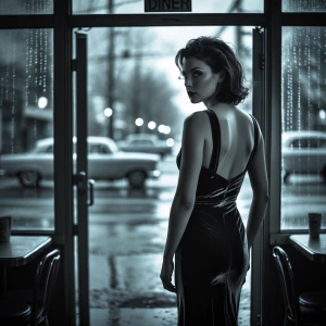 mid-distance shot of a woman standing in the threshold of a dine...