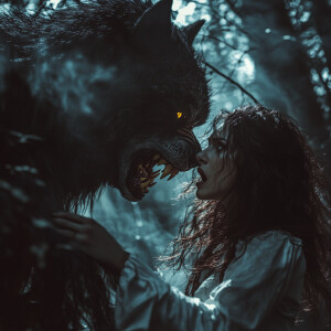 A werewolf with dark fur, sharp yellow eyes, and bared fangs bit...