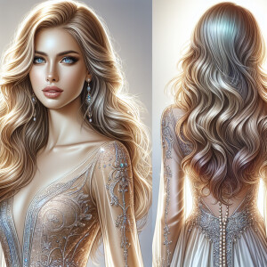 Create a full-length portrait of a woman with flowing blonde hai...