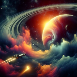 A lone spacecraft gliding past a massive gas giant with swirling, colorful clouds and a faint ring system in the background