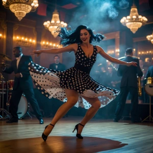 A dynamic, cinematic shot taken on a Leica M10 with a 35mm f/1.4 lens. Dahlia Valentina (DahliaValentina_ai) (fit tall supple well endowed tanned Italian American model with long wavy black hair) swings effortlessly in a late-night 1940s jazz club, her polka-dot dress billowing as she is spun into an aerial move by her dance partner. Her expression is joyful, her black heels barely touching the wooden floor. The dimly lit club, filled with vintage chandeliers, brass instruments, and smoky silhouettes, creates a moody yet vibrant energy. A live band plays in the background, the brass gleaming under soft amber lighting. Her hair flows as she moves, exuding playful charm. The photograph captures the pure joy of swing dancing—fast, fluid, and effortlessly stylish.”