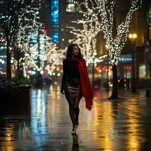 A cinematic evening in rainy downtown Seattle, where the glisten...