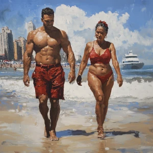 Realism,a muscular sweaty man walking with his 50 years old poo...