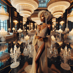 o	In the opulent splendor of an Art Deco penthouse, an elegant L...