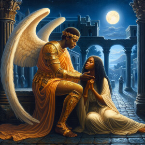 Create an oil painting image featuring a male angel and a grievi...