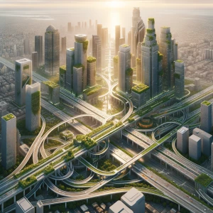 A futuristic depiction of downtown Los Angeles' highway system,...