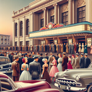 A scene of a 1950s theater with cars, parked out front and peopl...
