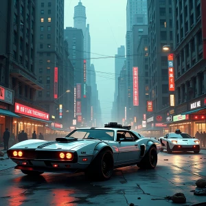 Visualize a bustling, dystopian cityscape set in the future, fea...