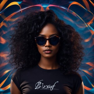 Beautiful black lady wearing glasses, with black long wavy hair...