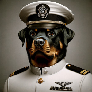 A mean Rottweiler, the Rottweiler is a US Navy officer in a white uniform, down below, spells the words BIG DAWG