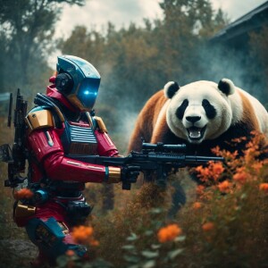 Robot female with guns in fight with panda bear