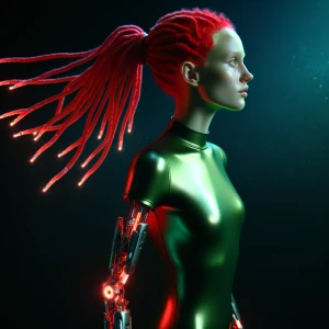 "very slender girl with red dreadlocks, tight glossy bodysuit, v...